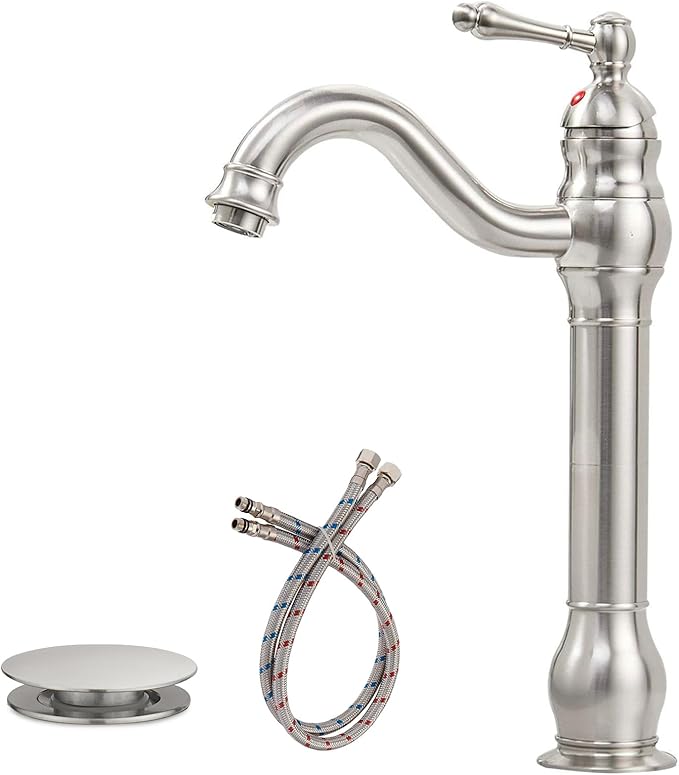 Brushed Nickel Vessel Sink Faucet 360° Swivel for Bathroom Single Hole Farmhouse Tall Commercial Vanity Matching Pop Up Drain Without Overflow