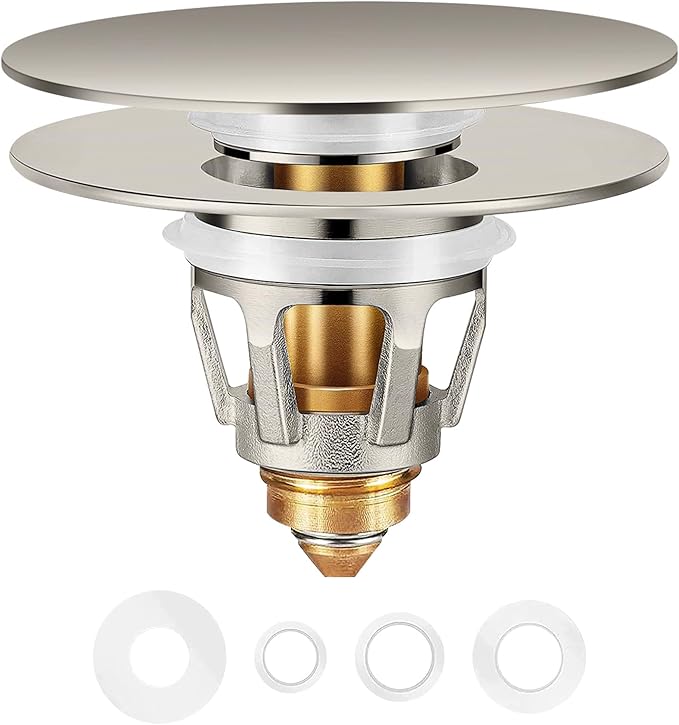 Universal Bathroom Sink Stopper in Brass, 1.04-1.97 Inch Pop Up Basin Sink Drain Stopper, Sink Drain Strainer with Anti Clogging Filter Hair Catcher, Large Lid Brushed Nickel