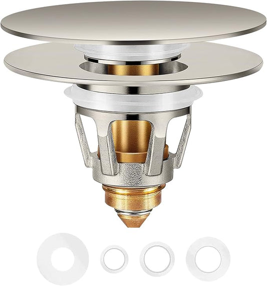 Universal Bathroom Sink Stopper in Brass, 1.04-1.97 Inch Pop Up Basin Sink Drain Stopper, Sink Drain Strainer with Anti Clogging Filter Hair Catcher, Large Lid Brushed Nickel