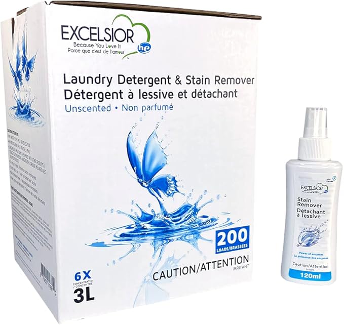 Excelsior Liquid Laundry Detergent Unscented HE Concentrated, 200 Loads 3 Liter, Enzyme Stain Remover, Front Load and Top Load Compatible