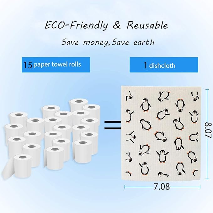 Swedish Dishcloth Reusable Kitchen Dish Towels Absorben and Fast Dry Cleaning Cloths Set of 4 No Odor Wipes (Penguin)