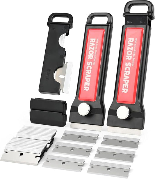 EHDIS 2PCS Razor Blade Scraper Tool with Blade Storage Box with 20pcs Extra Metal Blades for Glass,Stove,Oven Door, Cooktop Paint Cleaning