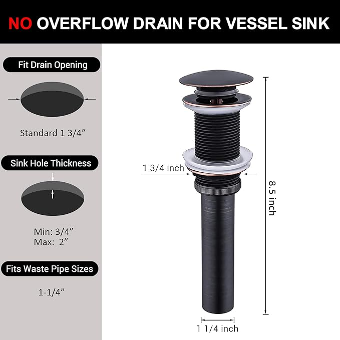 Bathroom Sink Drain Without Overflow - Big Cap for Standard 1 3/4" Drain Opening - Pop Up Vessel Sink Drain,Oil Rubbed Bronze
