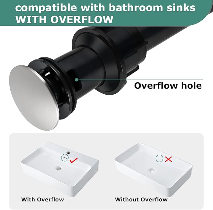 PARLOS Pop Up Drain Stopper with Overflow for Bathroom Sink Faucet Vessel Vanity, Brushed Nickel, 20714