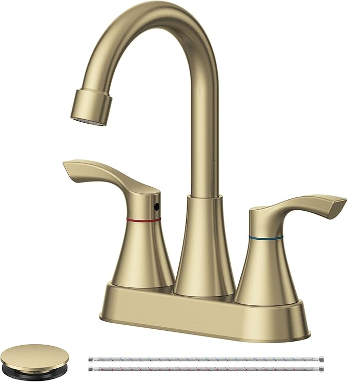 Brushed Gold Bathroom Faucet 2 or 3 Hole, 4 Inch Stainless Steel Bathroom Sink Faucet, 2 Handle Centerset Faucet for Bathroom Sink Vanity, with Pop Up Drain and 2 Supply Hoses