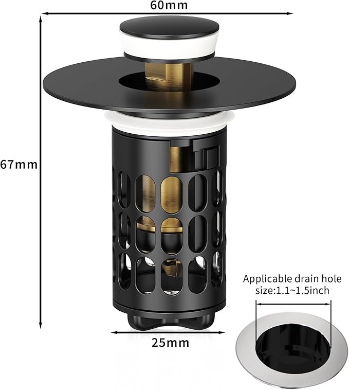 Upgraded Bathroom Sink Stopper with Hair Catcher - Universal Pop-Up Drain Plug, Stainless Steel & Silicone Seal for 1.1-1.5 Inch Drains, Matte Black Finish (Matte Black)