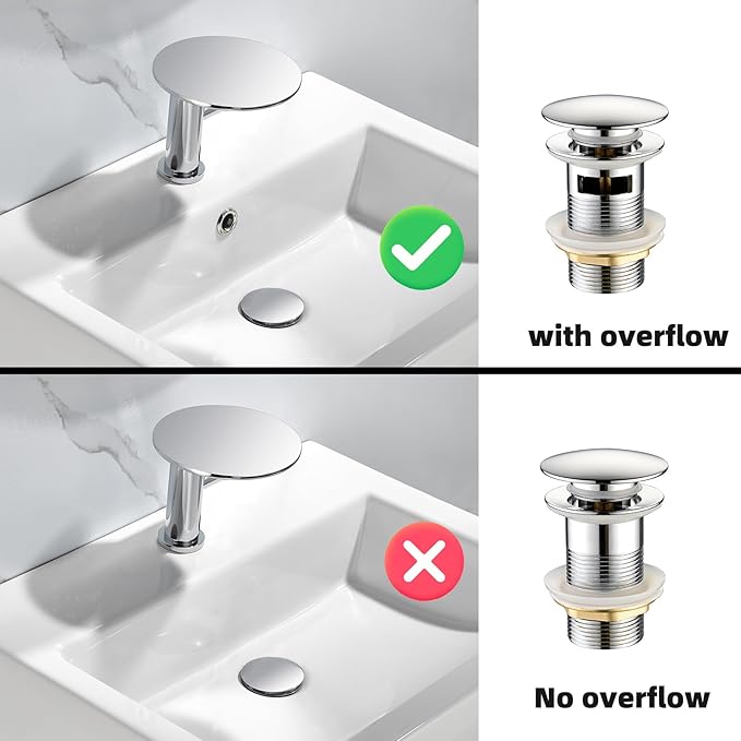 Thickened Brass P Trap Set: 1-1/4 P Trap with Bathroom Sink Stopper - Sink Drain Plumbing Kit for Pipe Replacement (Chrome, with Overflow)