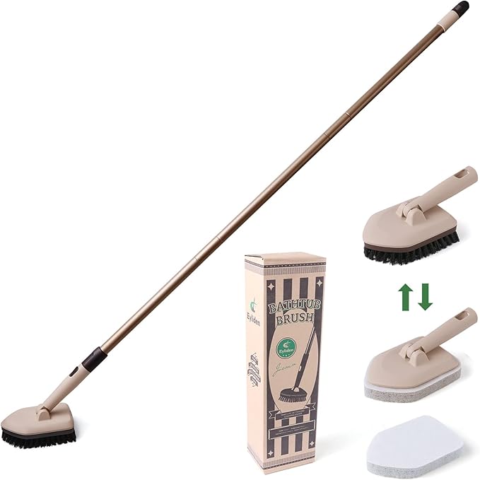 Eyliden Floor & Tub Scrub Brush, 2-in-1 Shower Floor Scrubber - 1 Stiff Bristles Brushes & 2 Non-Scratch Pads, 180°Swivel Head, 49" Adjustable Handle - Deep Cleaning Tub Bathroom Tile Kitchen Sink