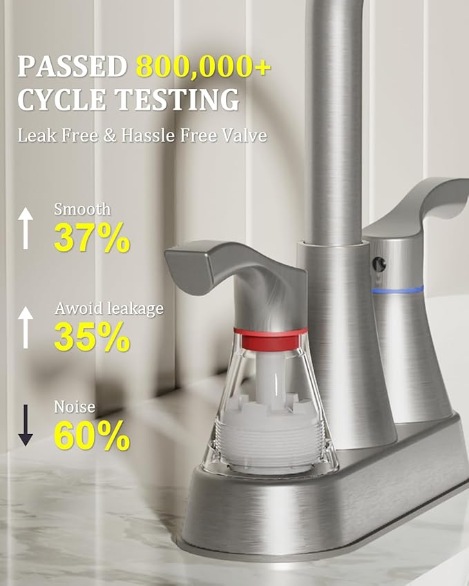 Brushed Nickel Bathroom Faucet 3 Hole, Evolvegoods 4 Inch Stainless Steel Bathroom Sink Faucet, 2 Handle Centerset Faucet for Bathroom Sink Vanity, with Pop Up Drain and 2 Supply Hoses