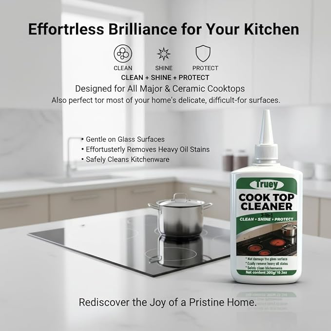 Truey Glass Cooktop 3-in-1 Cleaner Kit, Removes Grease & Burnt-On Food, Safe for Gas, Induction, Electric Cooktops & Air Fryers, Stove Top Polish and Shine, Multi-purpose Cleanser (300g) (1)