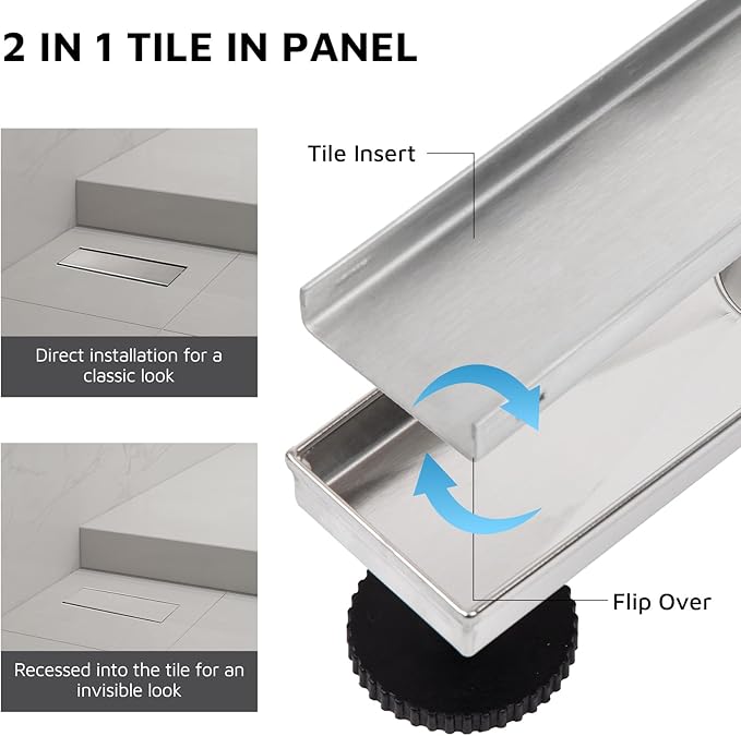 12 Inch Linear Shower Drain Brushed Nickel, Rectangular Reversible 2 in 1 Tile Insert Grate, 304 Stainless Steel Shower Floor Drain Kit, Hair Catcher, Leveling Feet