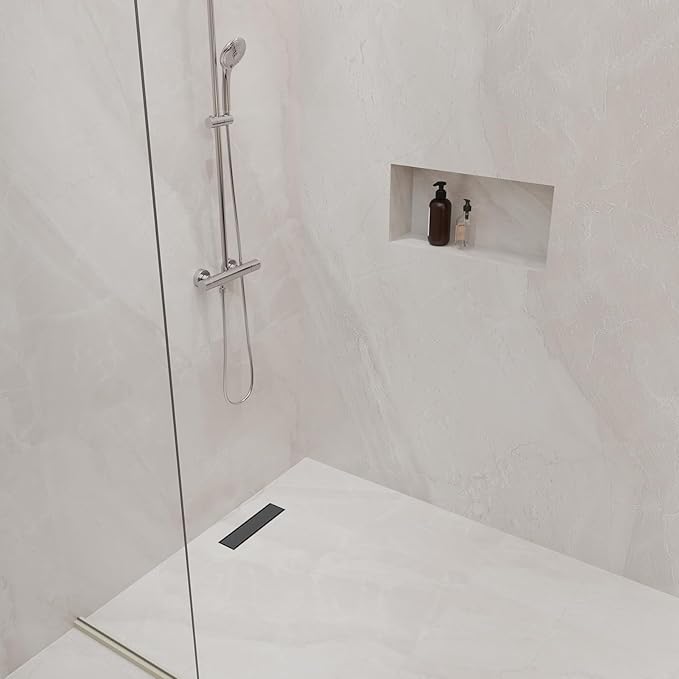 12-Inch Linear Shower Drain with Tile Insert Grate, SUS 304 Stainless Steel Linear Drain, Matte Black Long Rectangle Shower Floor Drain with Leveling Feet, Hair Strainer, Fits Bathroom