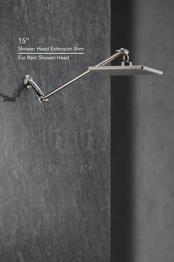 15 Inch Extra Long Adjustable Shower Head Extension Arm With Locking Set Screw, Singing Rain 304 Stainless Steel Angle Height Adjustable, G1/2 Universal Connector Compatible (Nickel Brushed)