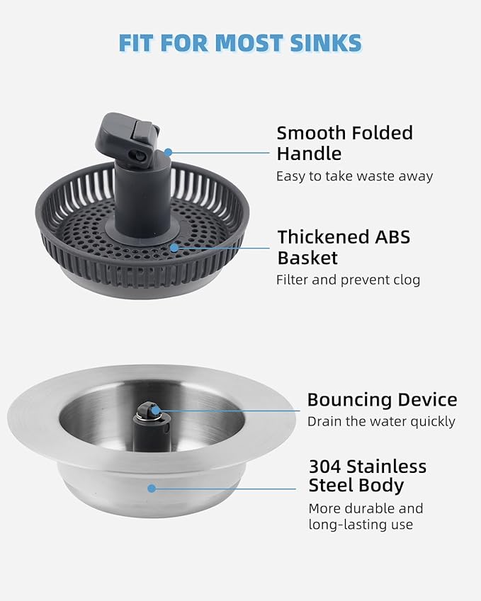 Universal 3 in 1 Kitchen Sink Drain Strainer Stopper Combo, 2PCS Stainless Steel Shell Pop Up Sink Stopper for US Standard 3-1/2 inch Drain Filter, Anti-Clog and Easy Clean