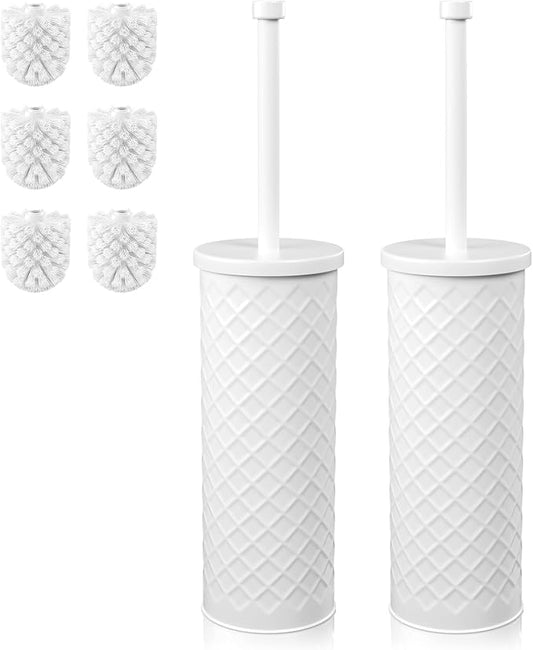 Toilet Bowl Brush and Holder Set 2 Pack with 4 Extra Brush Heads | Extra Long Handle with Splash Guard Cover, Tool-Free Installation, Bathroom Space-Saving, Cleaner Sets for Apartments, RV (White)
