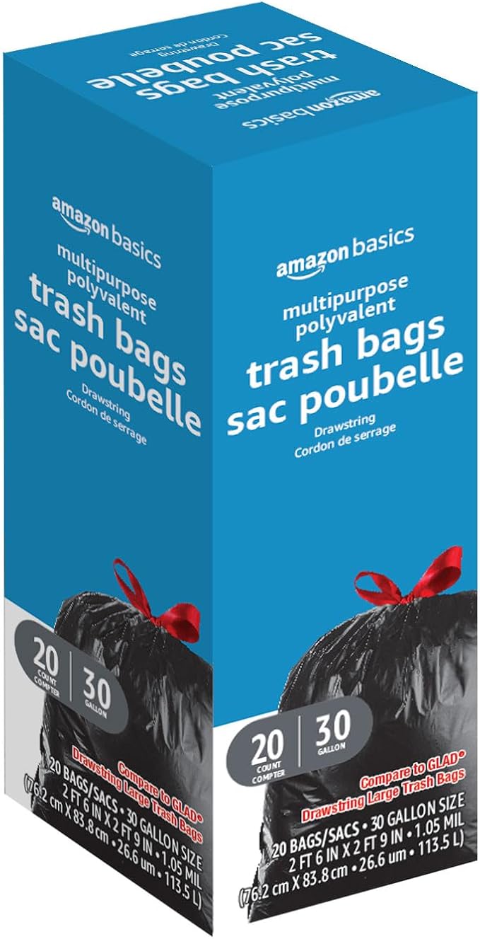 Amazon Basics Multipurpose Drawstring Trash Bags, 30 Gallon, Tear Resistant, 20 Count, Black