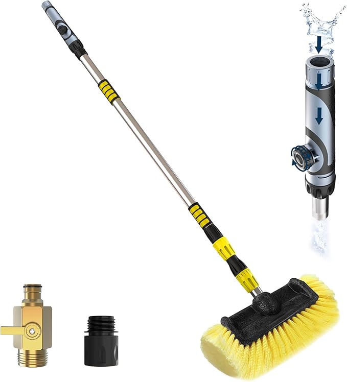 12FT Car Wash Brush with Long Handle, Car Cleaning Brush with 12 Inch Soft Bristle and Soap Dispenser, Solar Panels Cleaner with Telescoping Pole for RV, Truck, Boat, House Siding, Yellow