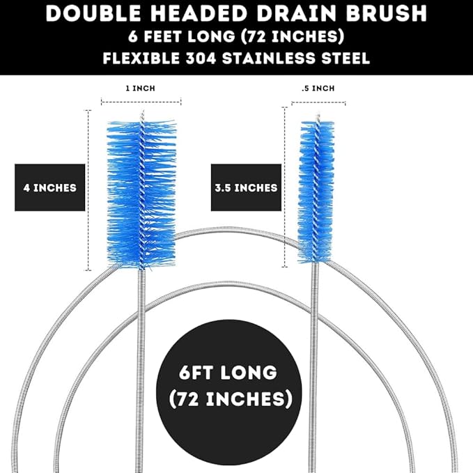 Flexible Drain Cleaning Brush (72" Long) for Drains, Bottles, Bathroom Sink, Bathtub, Shower, and Kitchen Sink, Heavy-Duty Double Ended Nylon with Elastic Hose, Bathroom Essentials, Black