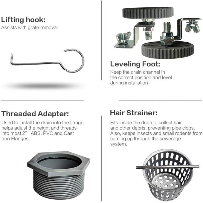 Neodrain 36-Inch Linear Shower Drain with Removable Quadrato Pattern Grate, Brushed 304 Stainless Steel Rectangle Shower Floor Drain, Linear Drain with Leveling Feet,Hair Strainer