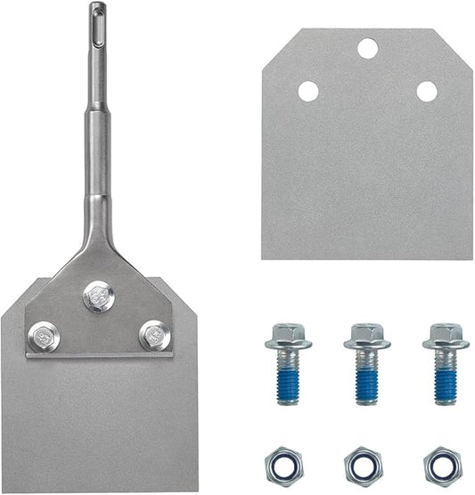 4 Inch Wide SDS-Plus Floor Scraper Tool Kit with Spare Bolts and Locknuts and One Replacement Blade, Tile & Thinset Scaling Chisel Thinset Scraper Adhesives Remover Wall and Floor Scraper Tool Kit