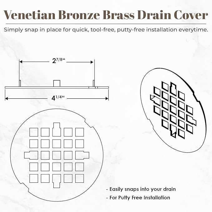 4 ¼” Venetian Bronze Snap-in Shower Drain Cover - Solid Brass Construction - 4.25" OD Drain Strainer - Easy Install - Premium Round Cover - Oil Rubbed Bronze Replacement Grate