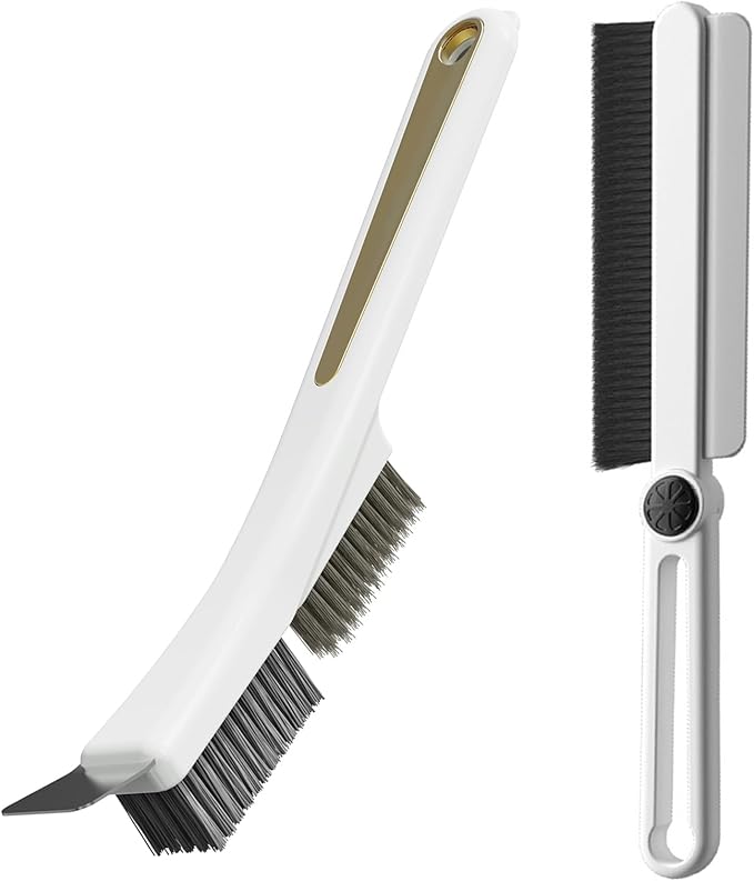 Crevice Cleaning Brushes with Rotatable Handle, Wire Nylon Scrub Brush with Stainless Steel Scraper, Grout Brush for Kitchen Stove Sink Tiles Corners Range Hood Door Window Track, 2 Pcs