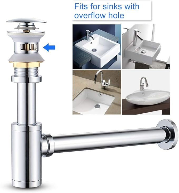 MENATT Bottle Trap Deodorant Type with 1 1/4" Pop-up Drain Stopper, Round P-Trap Waste Pipe Kit Assembly, Bathroom Sink Siphon Drainer Plumbing Tube Chrome Finished