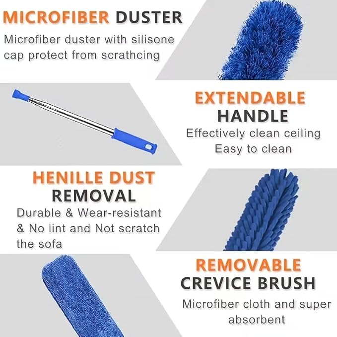 Microfiber Duster, 8PCS Feather Duster with 100 Inch Telescoping Extension Pole, Reusable Bendable Dusters, Washable Lightweight Dusters for High Ceiling, Fan, Blinds, Window, Corners, Blue