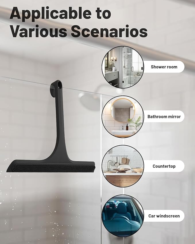 2-in-1 Silicone Shower Squeegee with Hook,Dual-Sided Design with Scraper & Scrub Surface,Streak-Free Bathroom Squeegee for Glass Doors,Mirrors,Windows,Car Windshields (Black Squeegee+Hook+Dispenser)