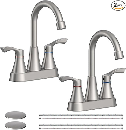 2 Pack Brushed Nickel Bathroom Faucet 3 Hole, Evolvegoods 4 Inch Stainless Steel Bathroom Sink Faucet, 2 Handle Centerset Faucet for Bathroom Sink Vanity, with Pop Up Drain and 2 Supply Hoses