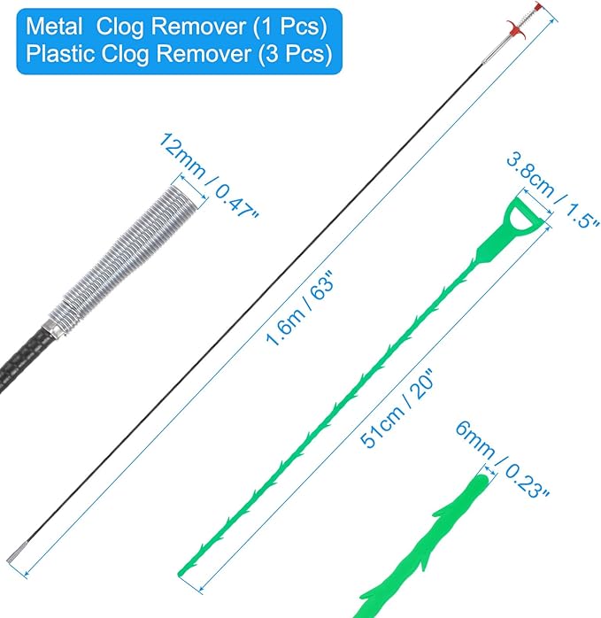 uxcell 3pcs 20 Inch Drain Hair Clog Remover Tool PP & 63 Inch Drain Cleaner Tool Sticks Stainless Steel Sewer Cleaning Hook Unclog Sink Unclogger for Toilet Bathtub Sewer, Light Green