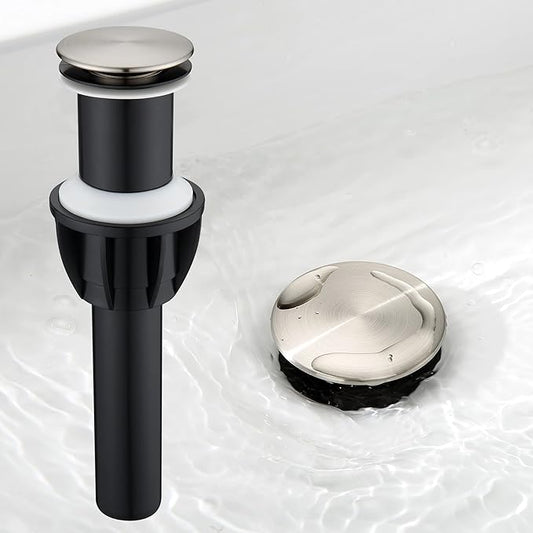 Vessel Sink Drain Without Overflow, Plastic Bathroom Pop up Sink Drain Brushed Nickel, Built-in Anti Clogging Sink Stopper, Fit for 1 3/4 Inch Sink Vanity Drain Assembly with Strainer