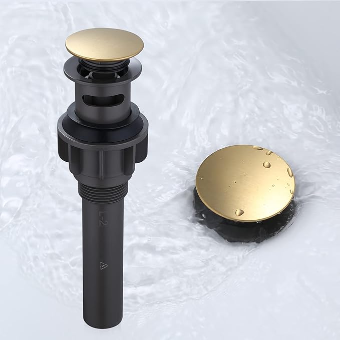 WOWOW Bathroom Sink Drain, Pop Up Drain Stopper for Bathroom Sink and RV Sink, with Overflow, Brushed Gold Vessel Sink Drain, Built-in Anti-Clogging Strainer