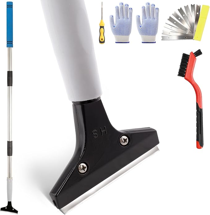 4"Razor Blade Floor Scraper with Long Handle,61in Adjustable Floor Scraper Heavy Duty with 10PCS Extra Metal Blades Paint Scraper for Cleaning Stickers Gum Glass Wall Tile Linoleum Stove Top