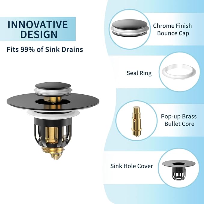 Universal Bathroom Sink Stopper, Pop Up Sink Stopper with Basket Hair Catcher, Anti Clogging Sink Drain Filter for 1.06"-1.65" Drain Holes