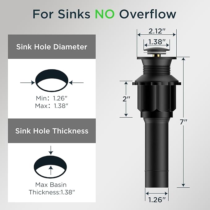 FORIOUS Bathroom Sink Drain Without Overflow, Pop-up Drain Assembly with Detachable Basket Stopper, Anti-Explosion and Anti-Clogging Drain Strainer, 304 Stainless Steel, Matte Black