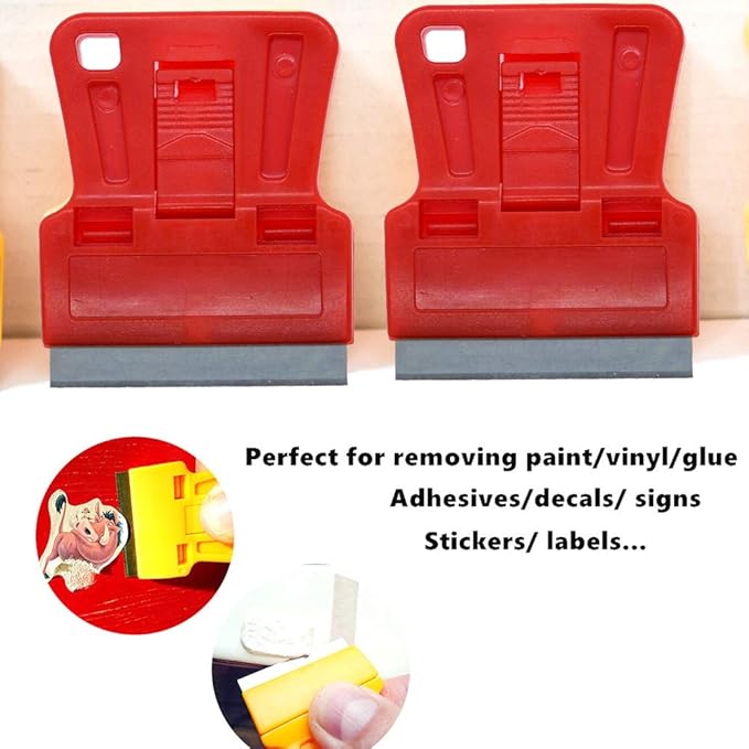 Mini Plastic Razor Blade Scraper High Visibility Red Window Paint Scraper with 5 Spare Metal Razor Blades - Stove Top, Wallpaper Sticker Decal Residue Label Removal