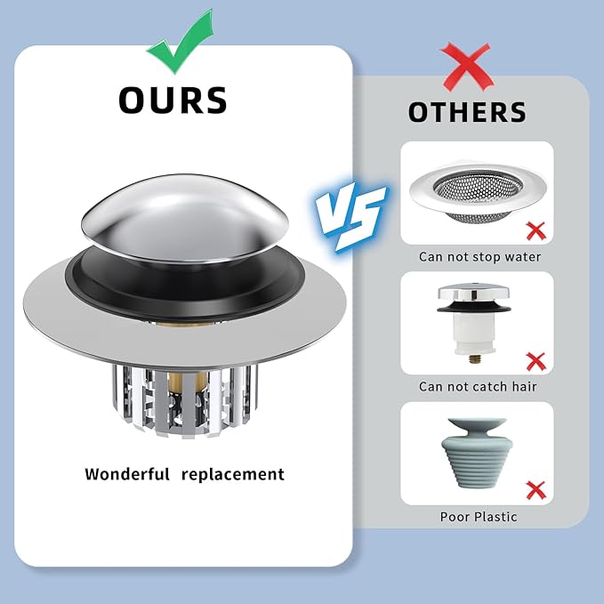 Universal Tub Stopper Bathtub Drain, Drain Hair Catcher and Cover, Pop Up Tub Stopper Bathtub Drain Plug Cover Replaces Bath Tub Lift and Turn, Tip-Toe and Trip Lever Bathtub Drains (Silver)