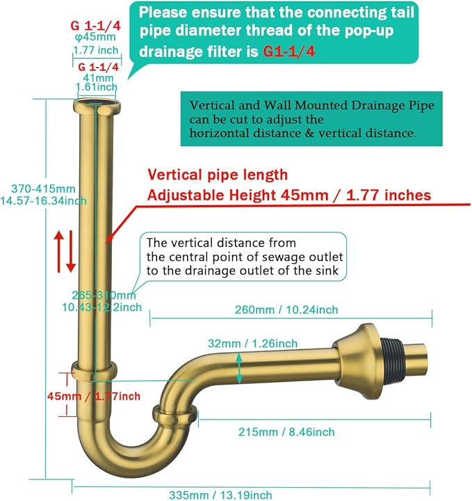 Brass P Trap U-Shape 1 1/4 inch Sink Drain Pipe with Slip Joint Extension Tub,12 inch Vertical Pipe length Adjustable Height Sink Waste Trap Drain Kit Champagne Bronze,SE83555CB-L ﻿