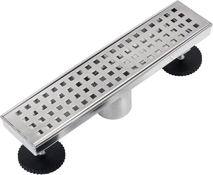 12 Inch Linear Shower Drain Brushed Nickel, Rectangular Shower Floor Drain Kit 304 Stainless Steel, Removable Grid Grate, Hair Catcher, Leveling Feet