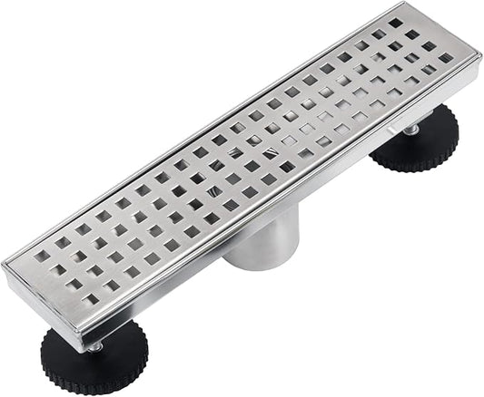 12 Inch Linear Shower Drain Brushed Nickel, Rectangular Shower Floor Drain Kit 304 Stainless Steel, Removable Grid Grate, Hair Catcher, Leveling Feet