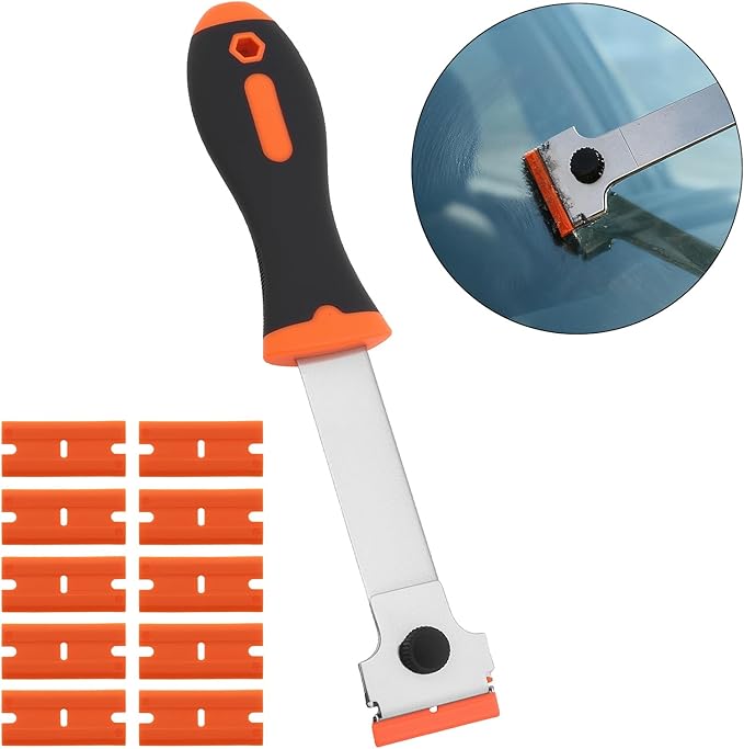 Razor Blade Scraper, Long Handled Scraper with 10 Extra Replacement Blades, Cleaning Scraper for Removing Stickers, Paint, Caulk, Label, Grease from Window, Car Glass, Windshield, Stove