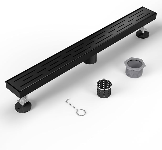 Shower Drain Stainless Steel for Bathroom: Black Linear Shower Drain 24 Inch with Removable Brick Pattern Grate - Adjustable Rectangular Shower Floor Drain with Hair Strainer (Matte Black)