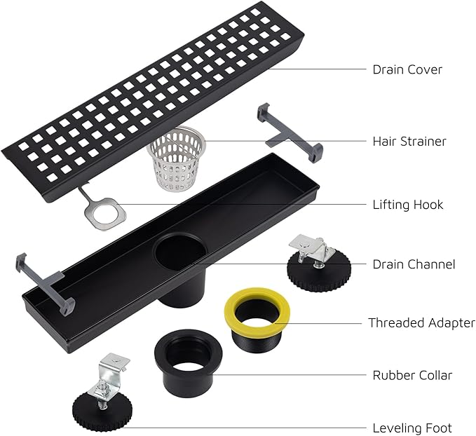 12 Inch Linear Shower Drain Matte Black, Rectangular Shower Floor Drain Kit 304 Stainless Steel, Removable Grid Grate, Hair Catcher, Leveling Feet