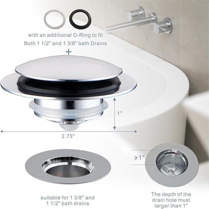 Chrome Plated Universal Tub Dain Stopper, Hidrop Pop Up Bath Drain Tip Toe Bathtub Drain Stopper,Conversion Kit Assembly, Replaces Lift and Turn, Tip-Toe and Trip Lever drains for Tub, EZ Install