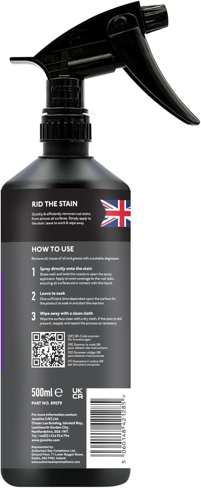JENOLITE Rust Stain Remover 500 ml (16.9 fl oz) for Patios, Sinks, Toilets, Walls & Sidings. Fast-Acting Spray-On Cleaner & Wipe-Off Solution for Metal, Concrete & Tile. Made in Britain.