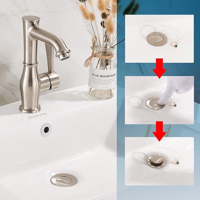 Vessel Sink Drain, Bathroom Faucet Vessel Sink Pop Up Drain Stopper, Built-In Anti-Clogging Strainer, Brushed Nickel with Overflow,Fits Standard American Drain Hole(1-1/2" to 1-3/4") R086J-BN