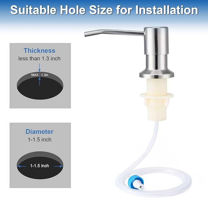 Husfunov Soap Dispenser for Kitchen Sink, Built in Sink Soap Dispenser (Brushed Nickel), Countertop Dish Soap Dispenser Stainless Steel Pump with 47" Extension Tube kit, No Need to Frequent Refills