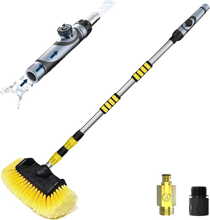 12FT Car Wash Brush with Long Handle, Telescopic Car Wash Brush with Soap Dispenser, 12-Inch Soft Bristle Car Cleaning Brush for Cleaning Car, RV, Truck, Boat, Solar Panels, Yellow