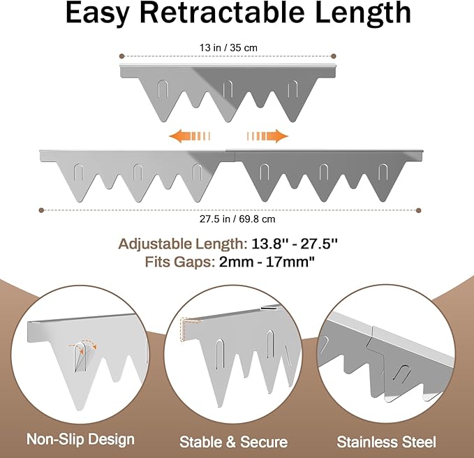 Stove Gap Covers Stainless Steel, 2Pack Retractable Length 13.8" to 27.5" Width 0.79", Heat-Resistant Stove Gap Filler & Range Trim Kit for Gaps Between Stove Top & Counter-Silver